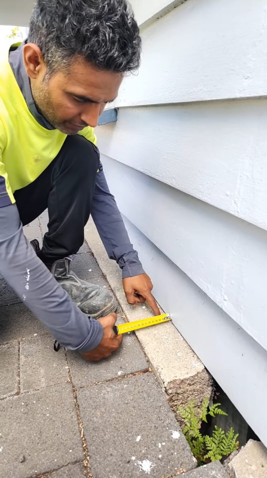 TradePlus tradesperson measuring a gap beneath the weatherboards of a home